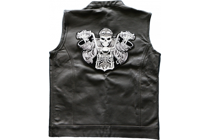 Motorcycle Jacket/Vest Embroidered Biker Patch - Skeleton Rider FAFO Patch shown on leather vest