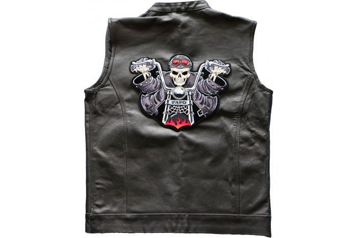 Motorcycle Jacket/Vest Embroidered Biker Patch - Skeleton Rider FAFO Patch shown on leather vest