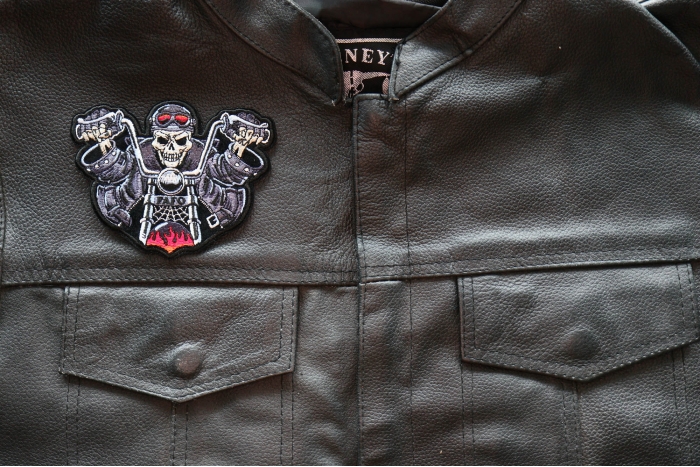 Motorcycle Jacket/Vest Embroidered Biker Patch - Skeleton Rider on Bike FAFO Patch shown on leather vest