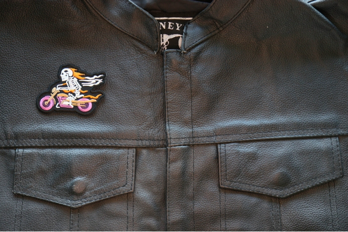 Motorcycle Jacket/Vest Embroidered Biker Patch - Skelo Motorcycle Rider Patch shown on leather vest
