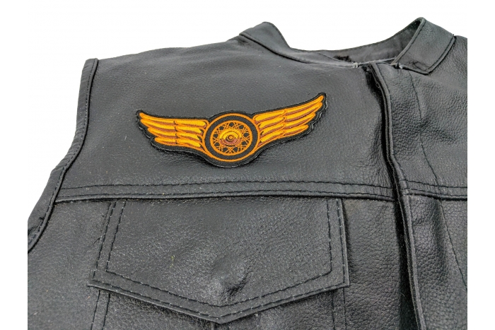 Orange Wings Motorcycle Patch, Motorcycle Patches shown on leather vest