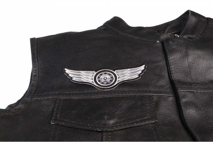 Winged Wheel Small White Patch, Biker Patches shown on leather vest