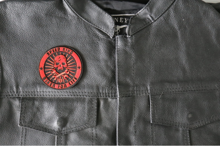 Speed King Biker For Life Crossed Wrenches and Skull Patch, Biker Skull Patches shown on leather vest