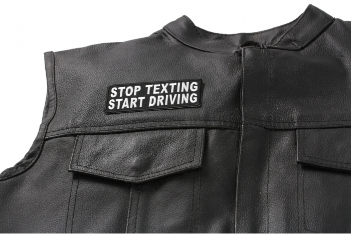 Stop Texting Start Driving Patch, Biker Saying Patches shown on leather vest