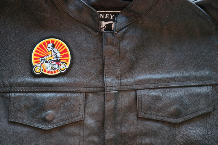 Sunset Skeleton Biker on Motorcycle Patch, Biker Skull Patches shown on leather vest