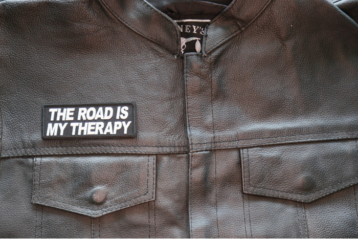 The Road is my Therapy Patch, Biker Saying Patches shown on leather vest