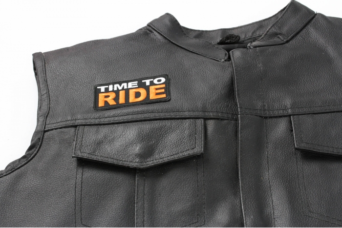 Time To Ride Patch, Biker Saying Patches shown on leather vest