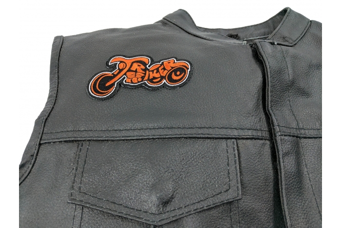 Triker Small Patch In Orange and Black, Biker Patches shown on leather vest