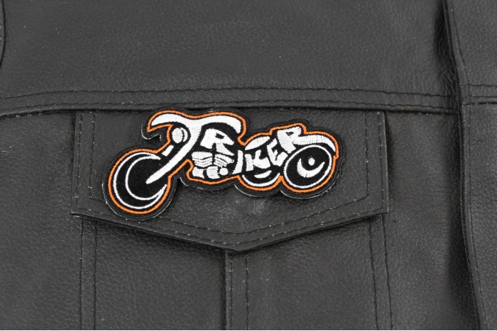 Triker Small Patch In White and Orange, Biker Patches shown on leather vest