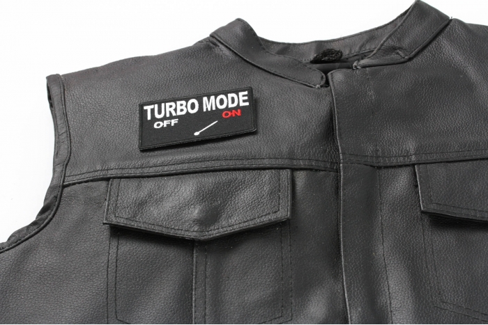 Turbo Mode On Patch - Iron on Patch - 3.5x2 inch shown on leather vest