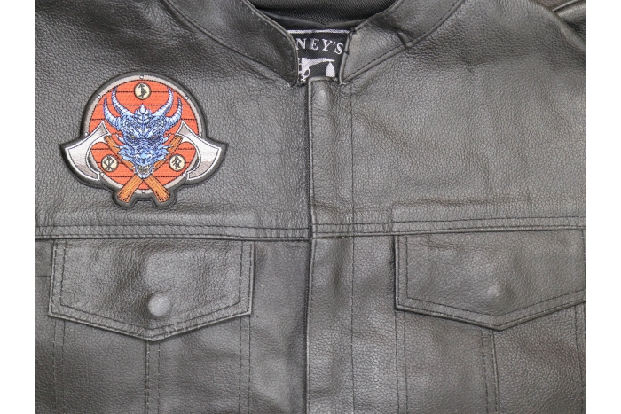 Viking Dragon and Axes Patch shown on leather vest