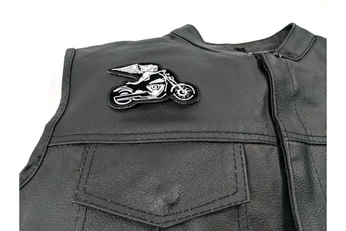 White Biker Angel On Motorcycle Patch, Biker Patches shown on leather vest