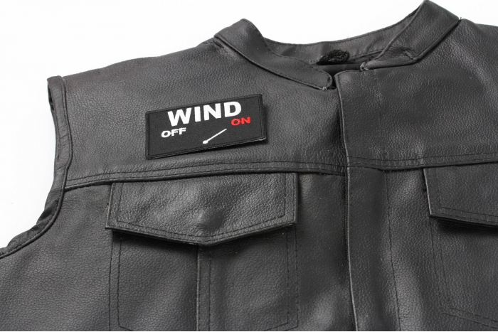Wind Mode On Patch - Iron on Patch - 3.5x2 inch shown on leather vest