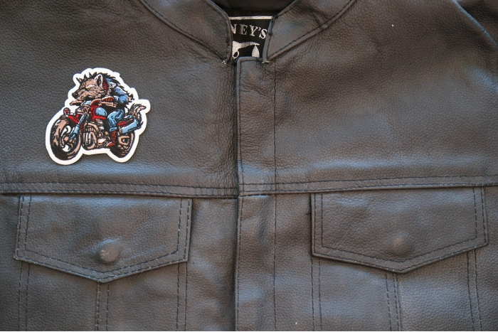Motorcycle Jacket/Vest Embroidered Biker Patch - Wolf on Motorcycle Patch shown on leather vest