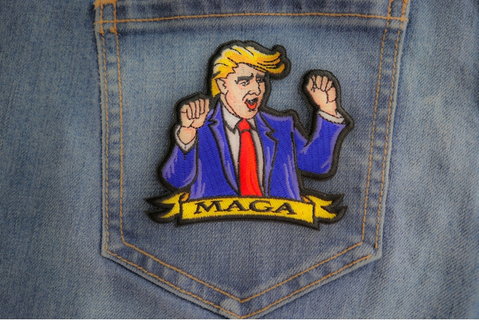 Trump Dancing Patch shown on jeans