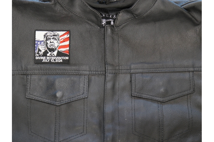 Divine Intervention Trump Patch shown on leather vest
