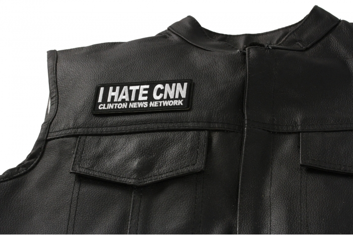 I Hate CNN Clinton News Network Patch - Iron on Patch - 4x1.5 inch shown on leather vest