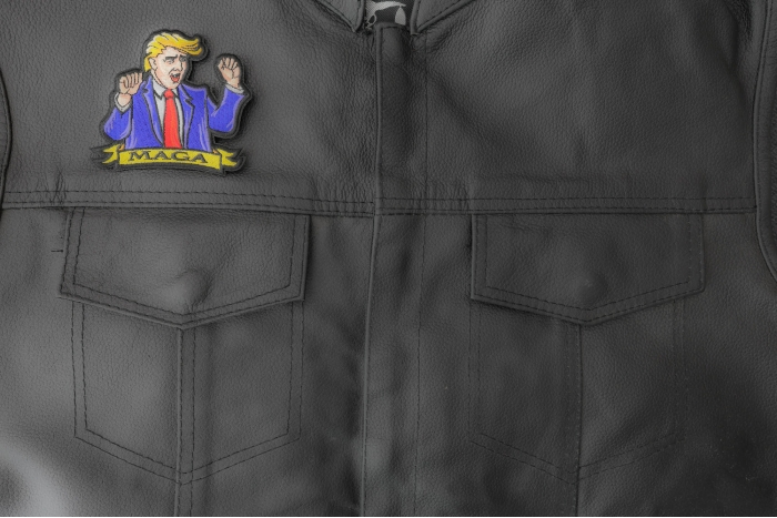 Trump Dancing Patch shown on leather vest