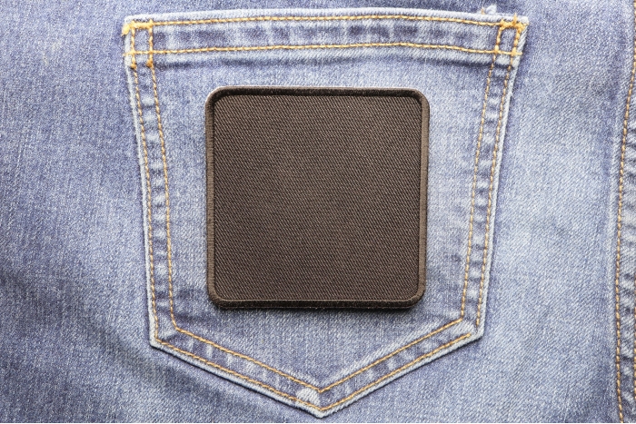 Black 3 Inch Square Blank Patch shown on jeans