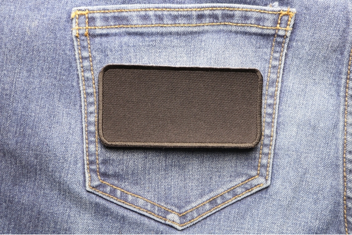 Black 4 Inch Rectangular Blank Patch shown on jeans