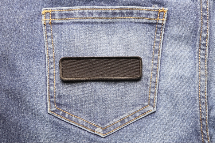 Black Name Tag Blank Patch shown on jeans