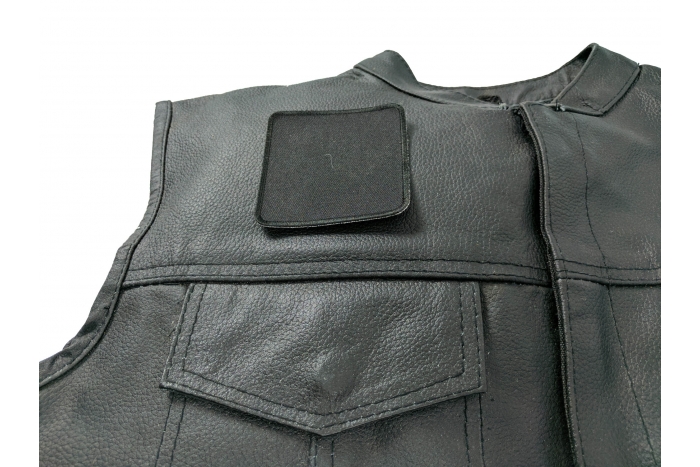 Black 3 Inch Square Blank Patch - By Ivamis Trading - 3x3 inch - Twill Fabric - Paper Backing - Embroidered and Laser Cut Borders shown on leather vest