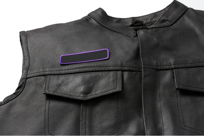 Blank Name Tag Patch Purple Border - By Ivamis Trading - 3.5x1 inch - Twill Fabric - Paper Backing - Embroidered and Laser Cut Borders shown on leather vest