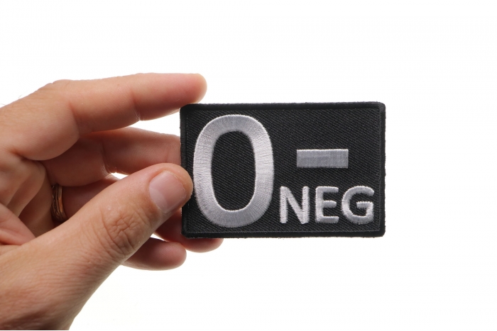 O NEGATIVE Blood Type Patch, Iron on Patch, Embroidered shown on hand for size comparison