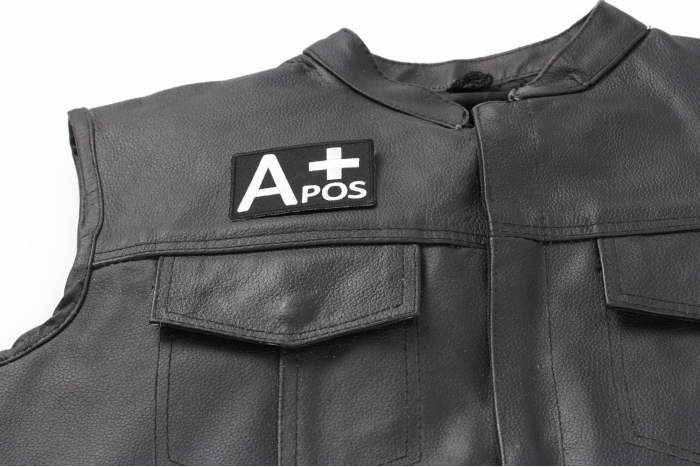 A POSITIVE Blood Type Patch, Iron on Patch, Embroidered shown on leather vest