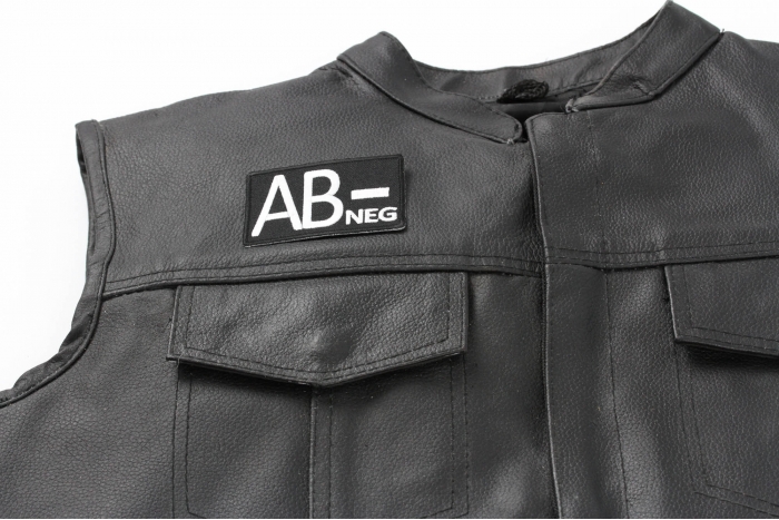 AB NEGATIVE Blood Type Patch, Iron on Patch, Embroidered shown on leather vest