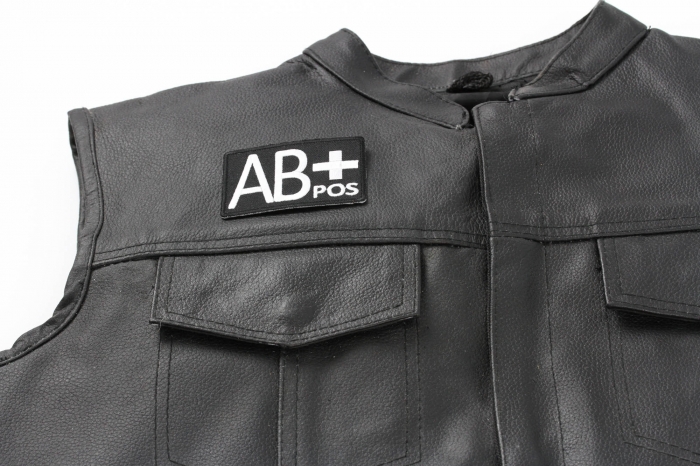 AB POSITIVE Blood Type Patch, Iron on Patch, Embroidered shown on leather vest