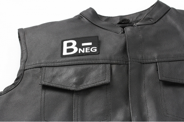 B Negative Blood Type Patch, Iron on Patch, Embroidered shown on leather vest