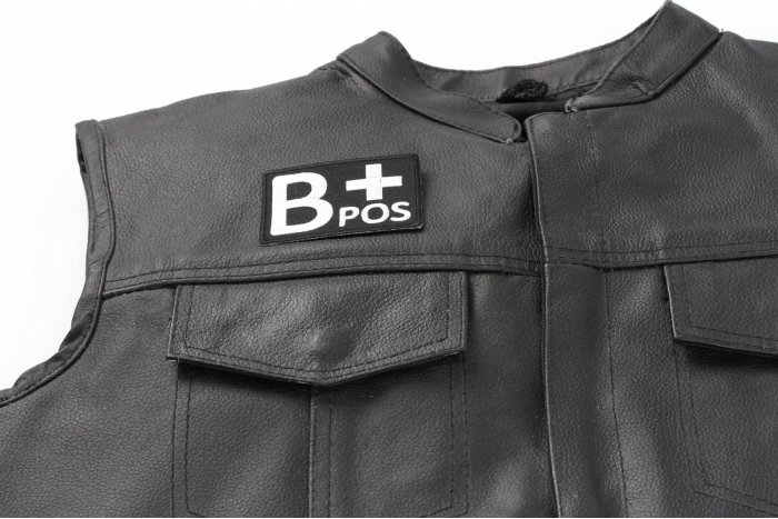 B POSITIVE Blood Type Patch, Iron on Patch, Embroidered shown on leather vest