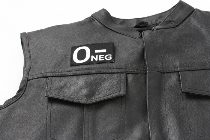 O NEGATIVE Blood Type Patch, Iron on Patch, Embroidered shown on leather vest