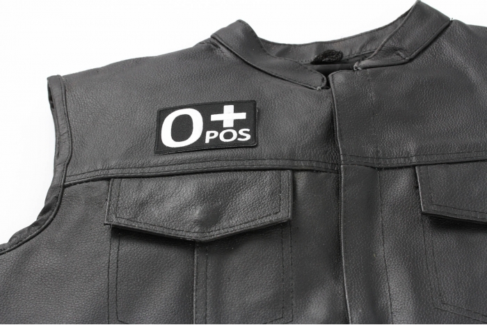 O Positive Blood Type Patch, Iron on Patch, Embroidered shown on leather vest