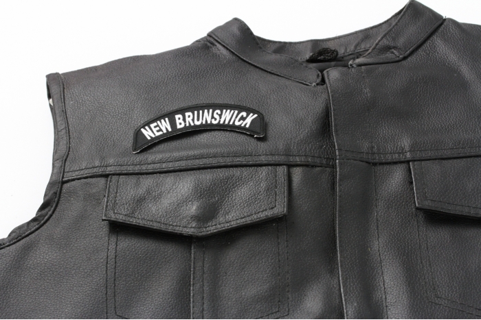 New Brunswick State Patch - Iron on Patch - 4x1.75 inch shown on leather vest