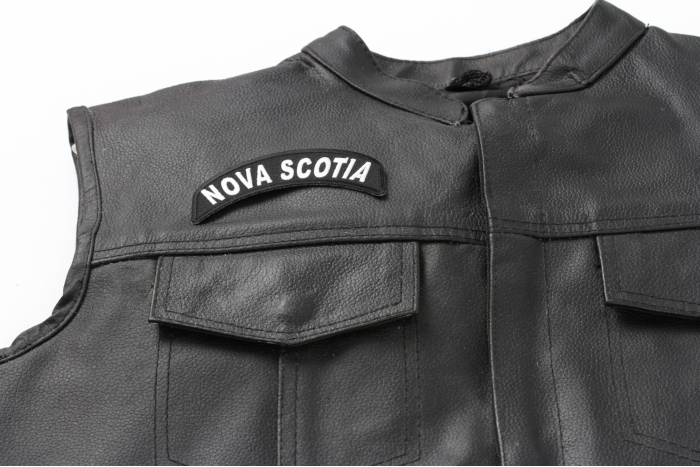 Nova Scotia State Patch - Iron on Patch - 4x1.75 inch shown on leather vest
