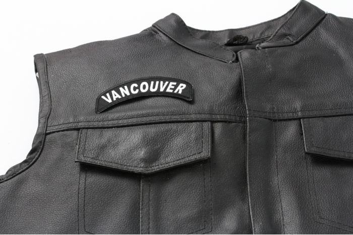 Vancouver City Patch - Iron on Patch - 4x1.75 inch shown on leather vest