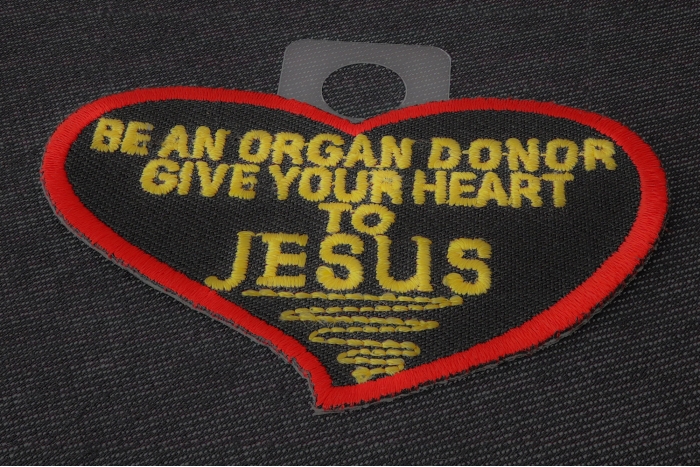 Be An Organ Donor Give Your Heart To Jesus Christian Patch diagonal view