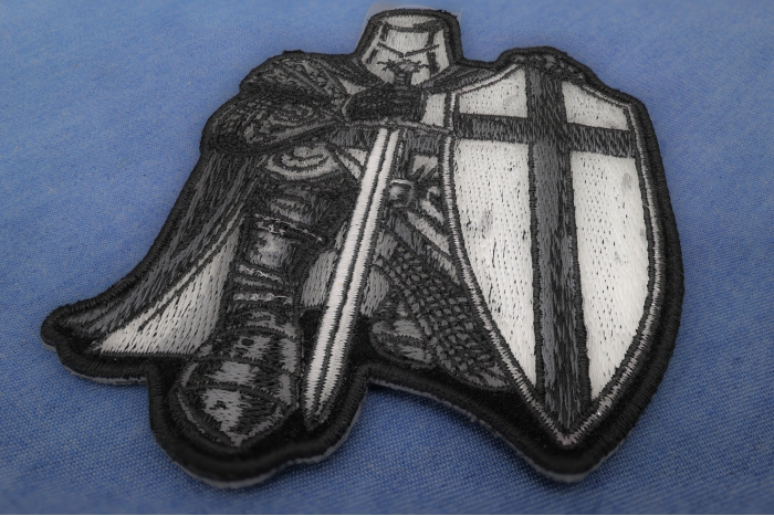 Black and White Crusader Knight Small Iron on Christian Patch diagonal view