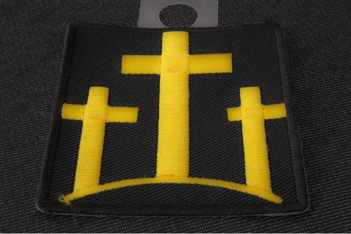 Black and Yellow Three Crosses Christian Patch diagonal view