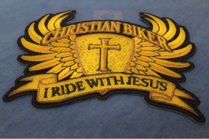 Christian Biker Iron on Patch Small In Brown I Ride With Jesus diagonal view