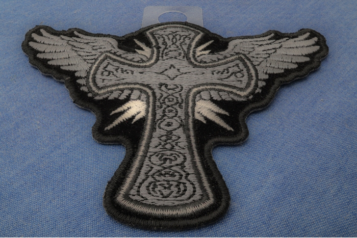 Cross with Wings Iron on Christian Patch diagonal view