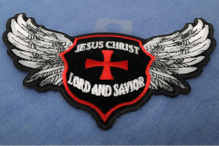 Jesus Christ Lord and Savior Wings Christian Iron on Patch diagonal view