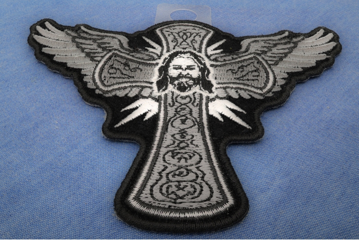 Jesus Cross and Wings Iron on Patch diagonal view