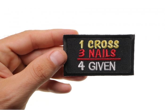1 Cross 3 Nails 4 Given Christian Patch shown on hand for size comparison