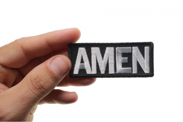 Amen Christian Patch shown on hand for size comparison