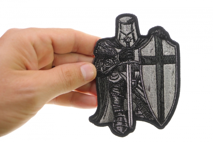 Crusader Patch, Small Embroidered Iron on Patches shown on hand for size comparison