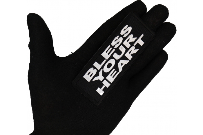 Bless Your Heart Patch shown on hand for size comparison