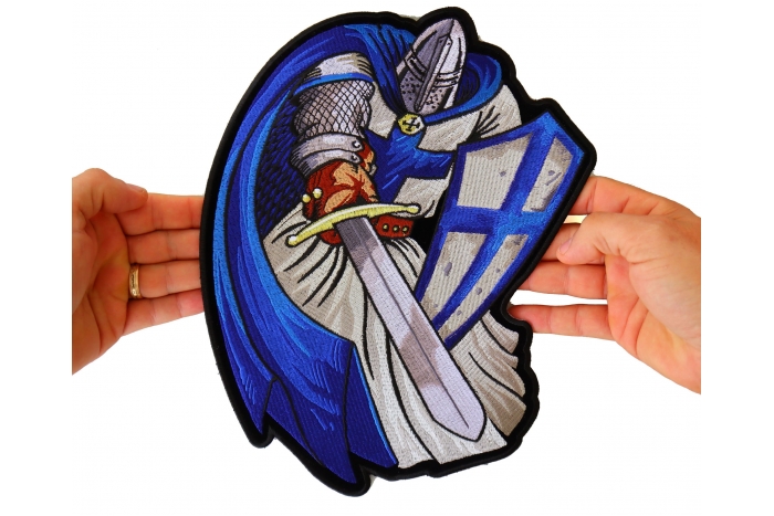Blue Caped Knight with Sword Patch, Large Christian Back Patches shown on hand for size comparison